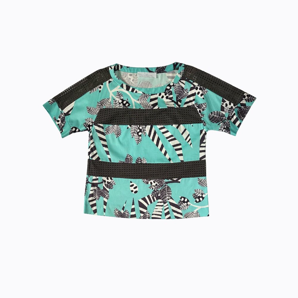 Thakoon Boxy Aqua Abstract Top 6 Mesh Panel Mixed Media Art To Wear Maximalism